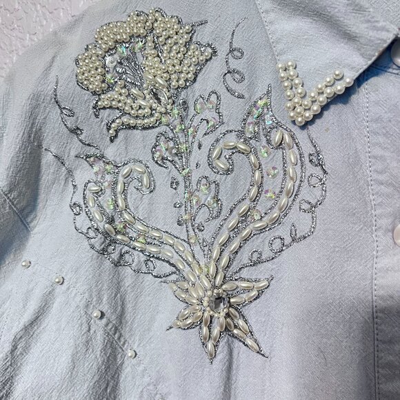 Vtg Elite Western Light Blue Button-Up Shirt W/ Pearl & Bead Floral Design M - Picture 6 of 10
